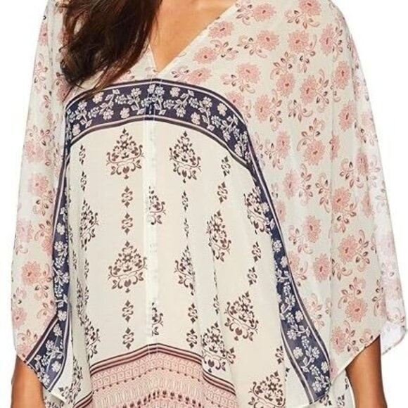 Bohemian Floral Print Womens Poncho Top With V-Neck & Asymmetrical Hemline Light - Picture 5 of 8